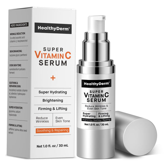 HealthyDerm Super Vitamin C Face Serum: Hydrating Facial Serum with Hyaluronic Acid, Niacinamide, Peptides, Vitamin C, Vitamin E & Bakuchiol – 30 ml