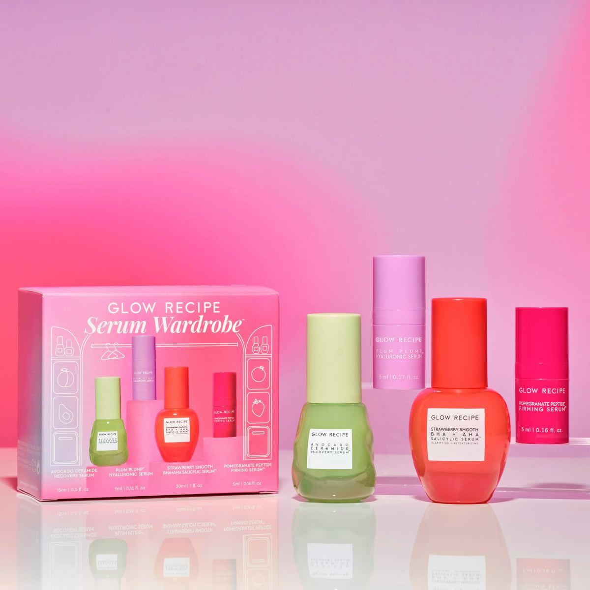 Glow Recipe Serum Skin Care Set - Avocado Ceramide Serum + Strawberry Smooth AHA BHA Serum + Plum Plump Hyaluronic Acid Serum + Pomegranate Peptide Firming Serum Set - 4 Piece Travel Skincare Gift Set