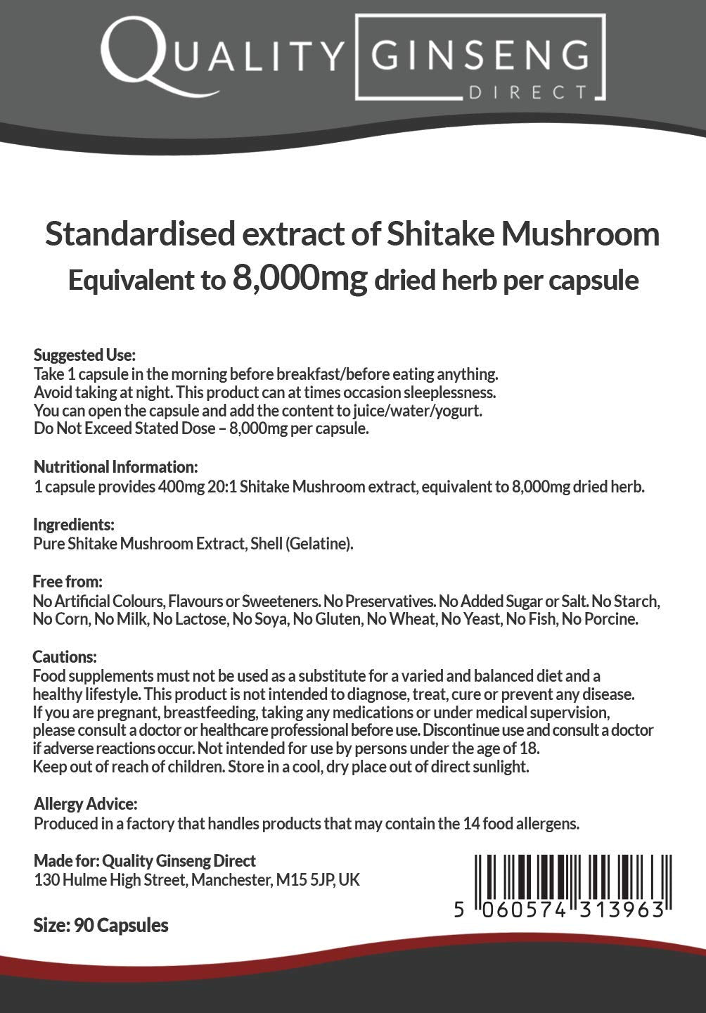 Quality Ginseng Direct Shiitake Mushroom - 8,000mg Capsules - Powerful Formula (90 Capsules)