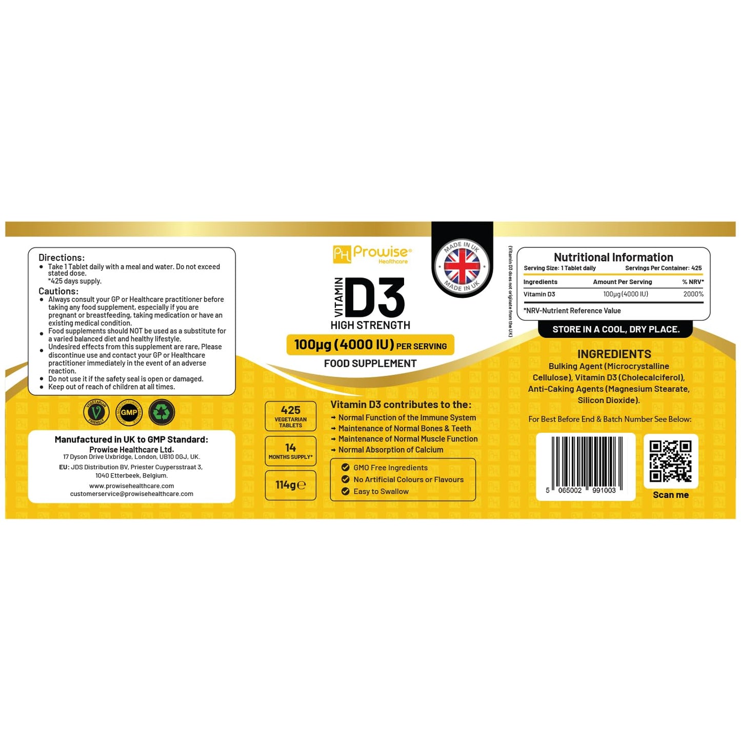 PH PROWISE Healthcare Vitamin D3 4000 IU High Strength I 425 Vegetarian Tablets (14 Months Supply) I Easy Swallow Vitamin D3 Supplement for Immune Support, Calcium Boost, Bone & Muscle I Vitamin D Made in the UK by Prowise