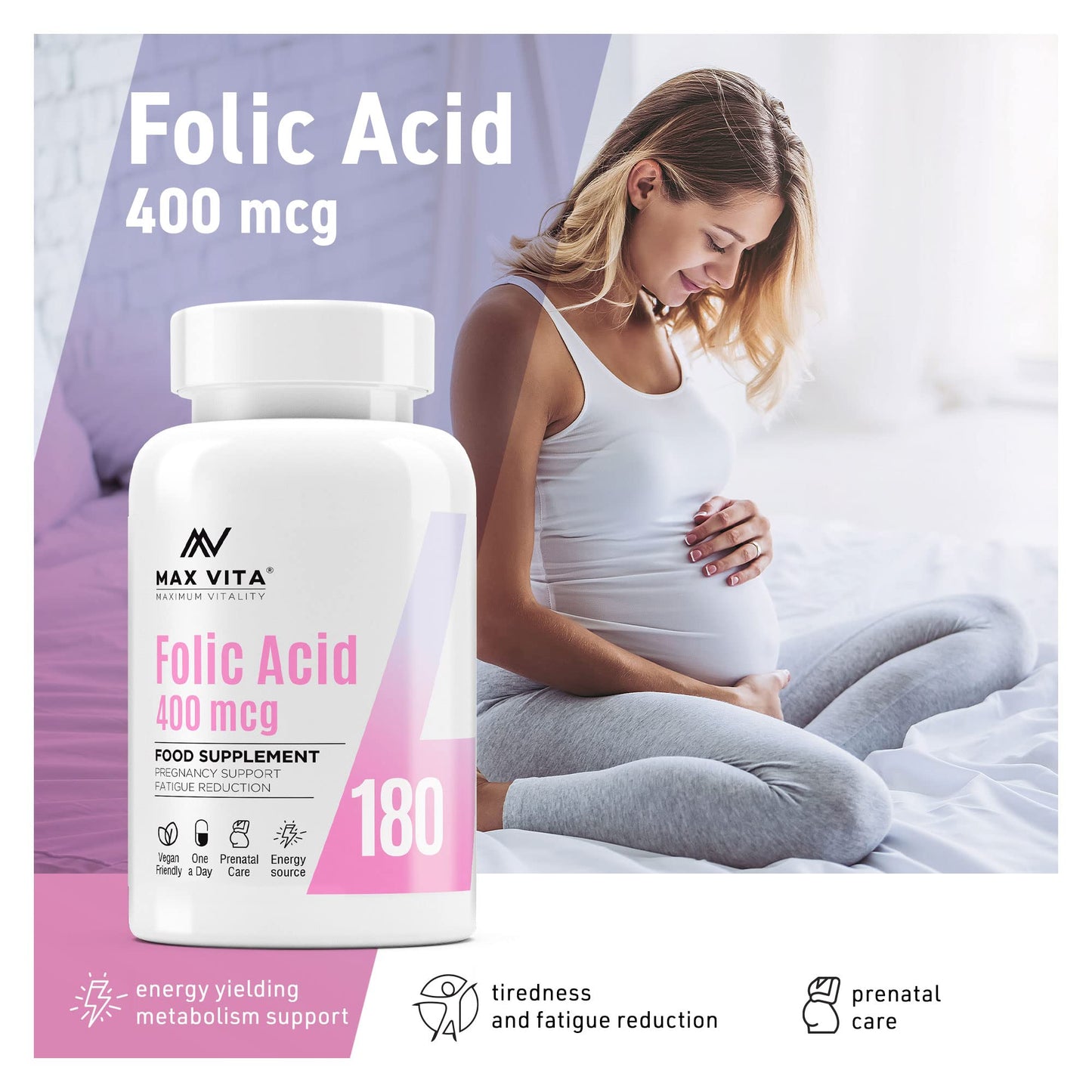 Folic Acid 400 mcg Vitamin B9 Pregnancy Care Maternal Tissue Growth During Immune System Support Energy Production Women Health 180 Vegan Tablets