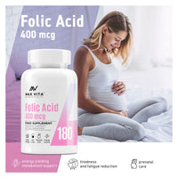 Folic Acid 400 mcg Vitamin B9 Pregnancy Care Maternal Tissue Growth During Immune System Support Energy Production Women Health 180 Vegan Tablets