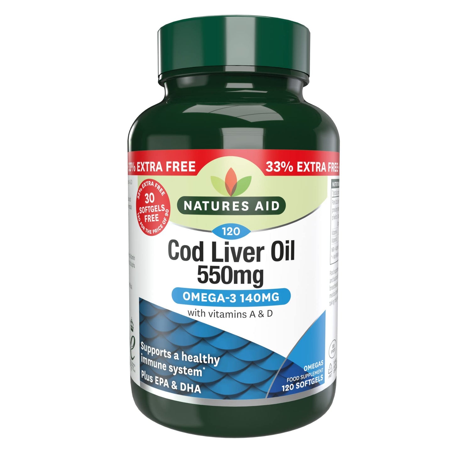 natures aid Natures Aid Cod Liver Oil 550 mg 120 Softgel Capsules (Providing 120 mg Omega-3, with Vitamins A and D, For The Normal Function of the Immune System, Purity Guaranteed, Made in the UK)
