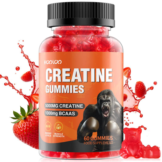 HOOLOO Creatine Gummies 5000mg Creatine Monohydrate with 1000mg BCAAs per Serving for Men & Women, Vegan & Sugar-Free, Easy Pre/Post Workout Gym Support for Performance and Muscle Power, 60 Count