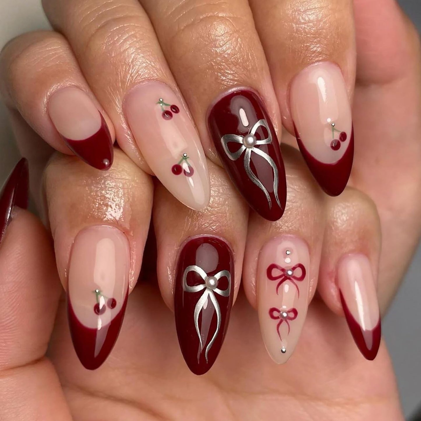 Ceboic 24Pcs French Tip False Nails Almond, Medium Glossy Fake Nails Cherry Red Press on Nails with Bow Design, Removable Full Cover Acrylic Stick on Nail for Women Girls Nail Art Accessories