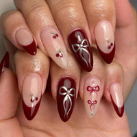 Ceboic 24Pcs French Tip False Nails Almond, Medium Glossy Fake Nails Cherry Red Press on Nails with Bow Design, Removable Full Cover Acrylic Stick on Nail for Women Girls Nail Art Accessories