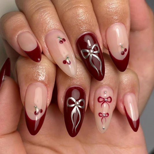 Ceboic 24Pcs French Tip False Nails Almond, Medium Glossy Fake Nails Cherry Red Press on Nails with Bow Design, Removable Full Cover Acrylic Stick on Nail for Women Girls Nail Art Accessories