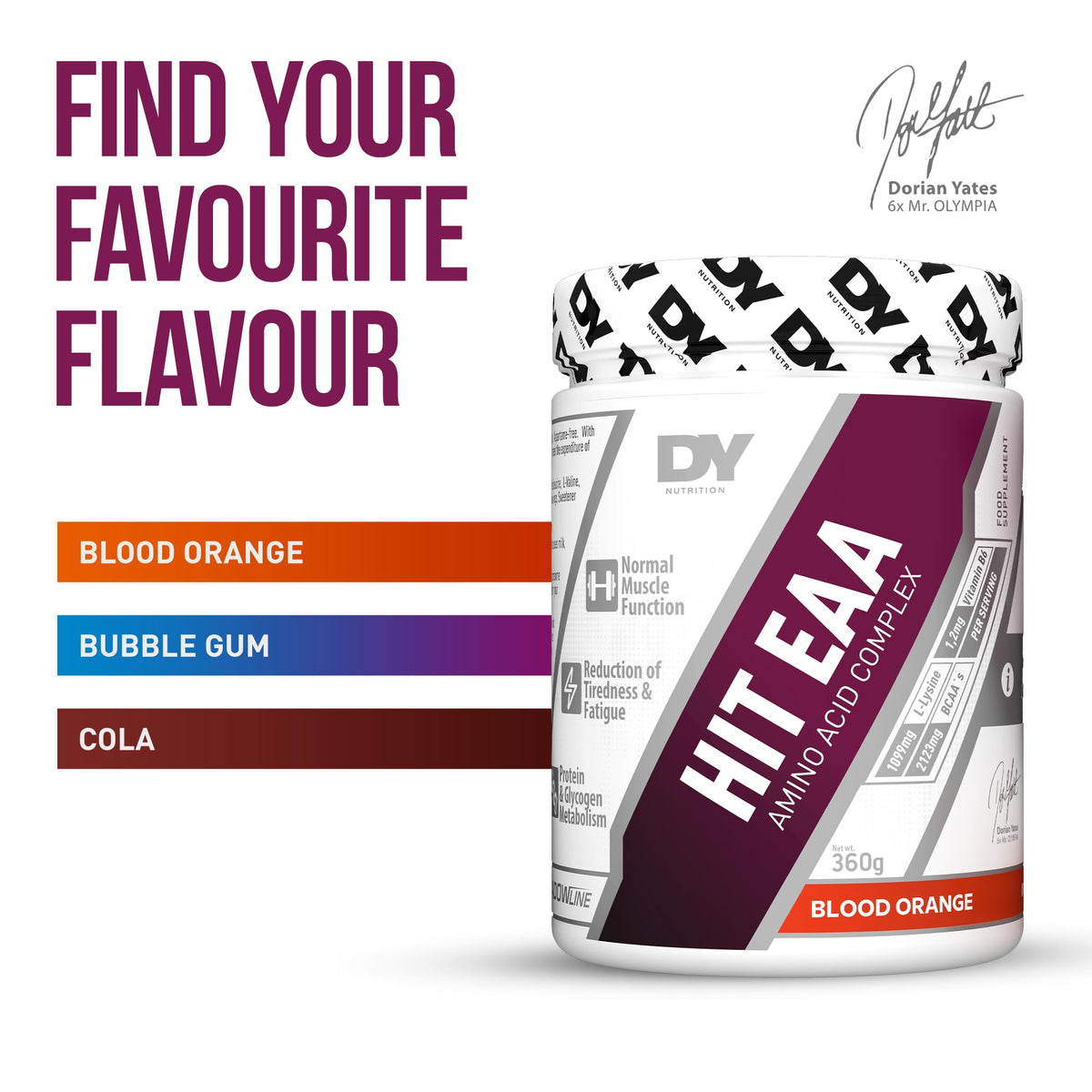 DY Nutrition HIT EAA Essential Amino Acids Complex with BCAAs, L-Lysine & Vitamin B6 | Muscle Repair & Recovery Supplement Intra Workout Powder, 27 Servings, 360g (Blood Orange)