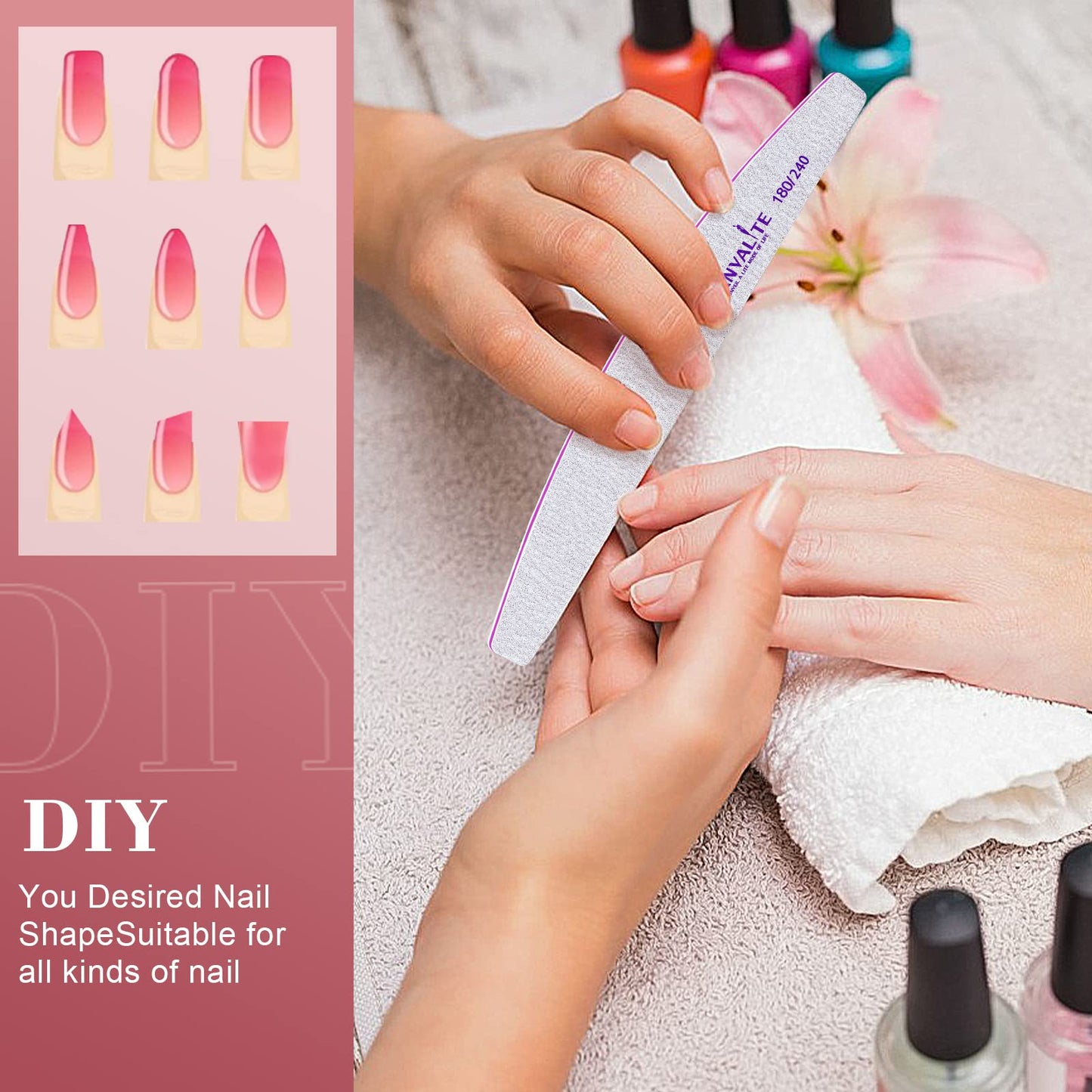 CANVALITE Professional Nail Files Double Sided Emery Board Nail Styling Tools Pet Grooming Tools for Home and Salon Use (Half Moon 180/240, 12pcs)