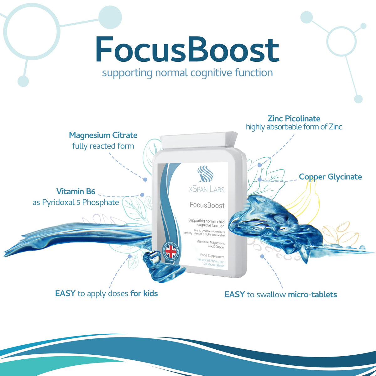 Xspan Labs FocusBoost 120 Highly bioavailable Micro-Tablets - Magnesium Citrate, Zinc Picolinate, Copper Glycinate & Vitamin B6 Balanced for Children and Adults - Superior Absorption - Vegan Friendly - UK Made
