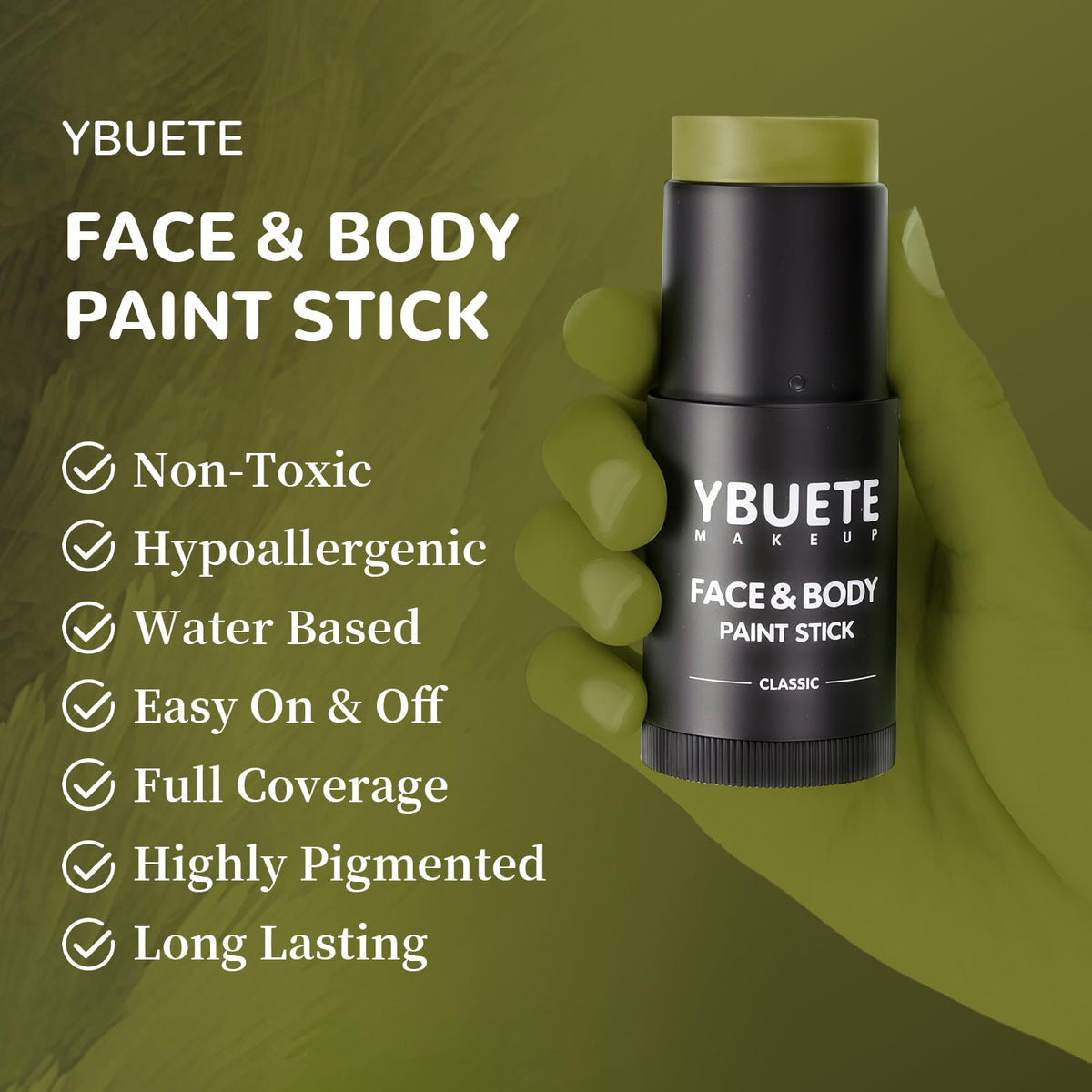 YBUETE Ogre Green Face Body Painting Stick, Professional Green Full-coverage Cream Face Paint for Hunting Camo Halloween SFX Witch Shrek Cosplay Makeup, Washable Body Paint for Adult Carnival