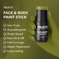 YBUETE Ogre Green Face Body Painting Stick, Professional Green Full-coverage Cream Face Paint for Hunting Camo Halloween SFX Witch Shrek Cosplay Makeup, Washable Body Paint for Adult Carnival
