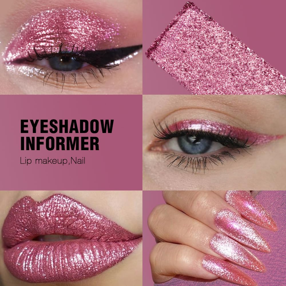 DE'LANCI Pink Glitter Eyeshadow, Pink Shimmer Eyeshadow Highly Pigmented Make-up,High Pigment Pink Metallic Eyeshadow,Waterproof & Long Lasting,Vegan & Talc Free #21H