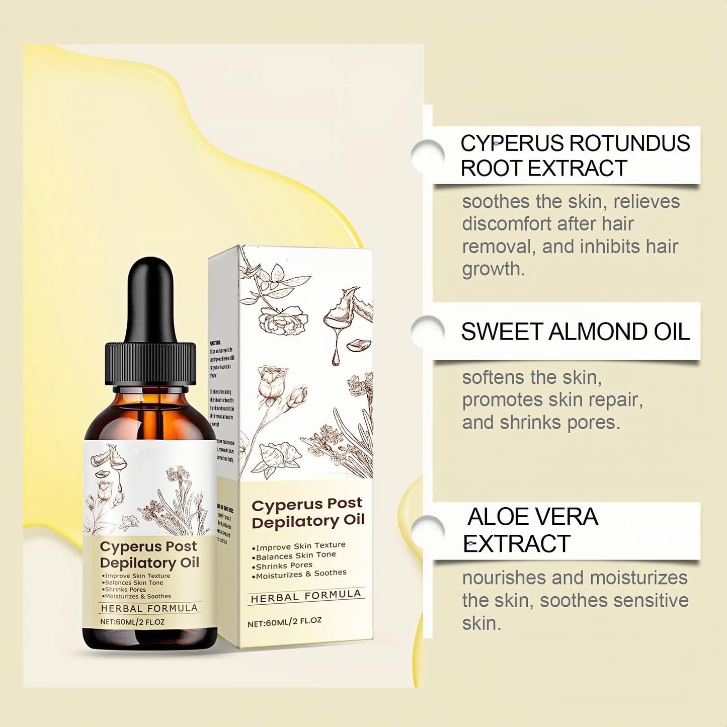 Cyperus Rotundus Oil, Premium Cyperus Oil for Hair Removal, Natural Hair Removal & Anti-Hair Growth Treatment, 100% Pure Formula for Smooth Skin, Soothes & Nourishes Sensitive Skin, 60ml Bottle