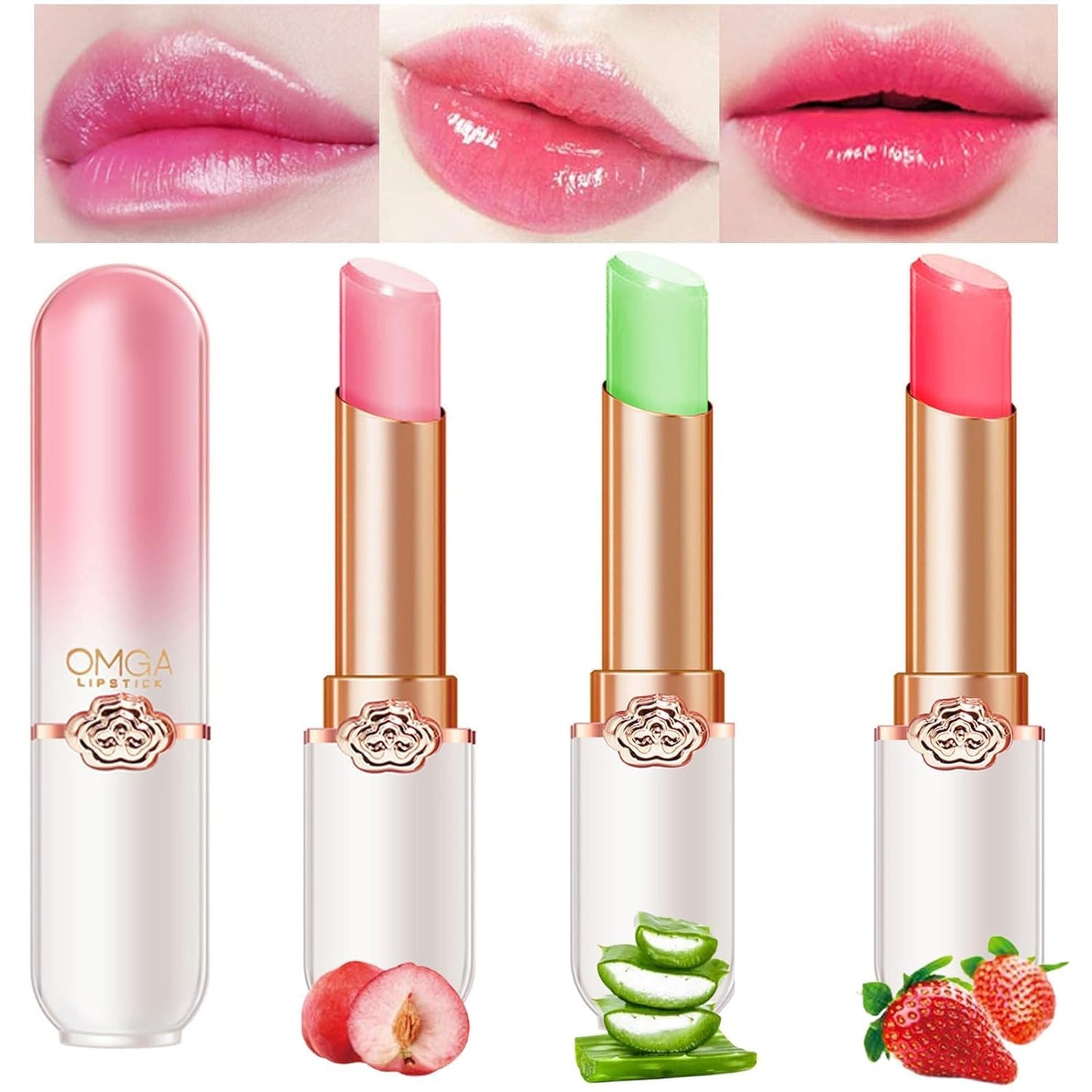 HOPHAT 3 Packs Jelly Lipstick Set, Fruit Color Change Lip Balm Set, Peach Aloe Vera Strawberry Color Change Lip Balm, Long Lasting Moisturizer Lip Makeup Set (3PCS)
