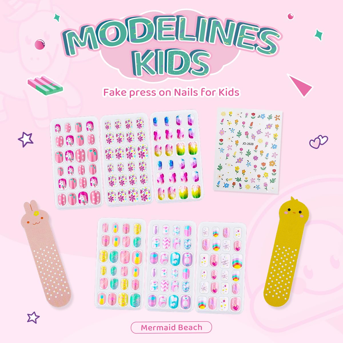 SeseBee 144Pcs Kids Press on Nails Children Girls Short Artificial Fake Nails No fading Stable Quick Stick on Cute Rainbow Unicorn Pre Glue Full Cover Acrylic Nail Tip Kit Gift Kids Nail Decoration (Unicorn)