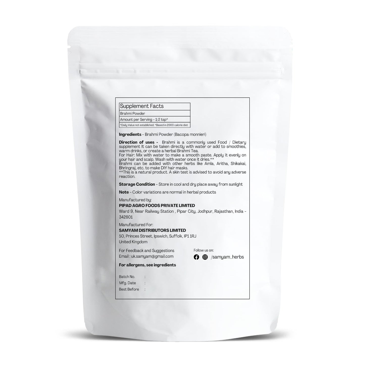 SAMYAM Brahmi Powder (Bacopa monnieri) - 500g Pack | for Memory, Intelligence and Concentration