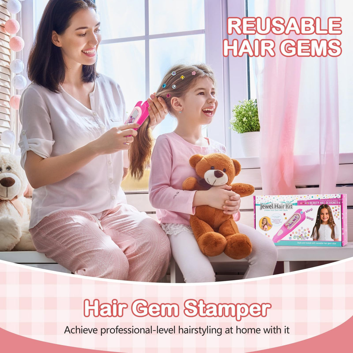 JoyJoyful Gifts 5 6 7 8 9 10 Year Old Girls, Hair Gem Stamper Kit Toys for Girls Age 6-12, Kids Hair Accessories Birthday Presents, DIY Hair Styling Tool with Reusable Shining Diamonds