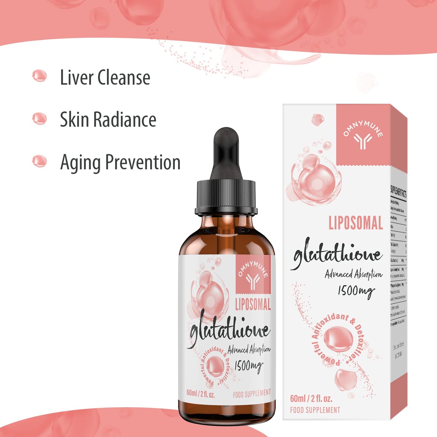 Omnymune Liposomal Glutathione 1500mg, Oral Glutathione Liquid, Antioxidant Supplement for Detox, Anti-Aging, Immune Support, Brain Function and Skin Health, Superior Absorption (Pack of 2)