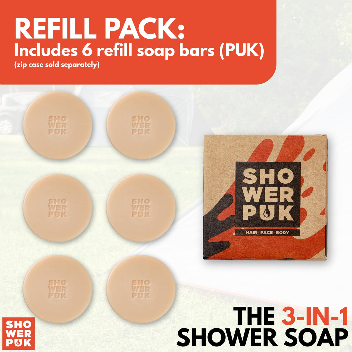 Shower PUK All-in-One Bar: Natural Shampoo, Body Wash & Face Soap with Shea Butter, Argan Oil & Long-Lasting Citrus Scent - Eco-Friendly, Plastic-Free, Vegan - 6 Pack Refill