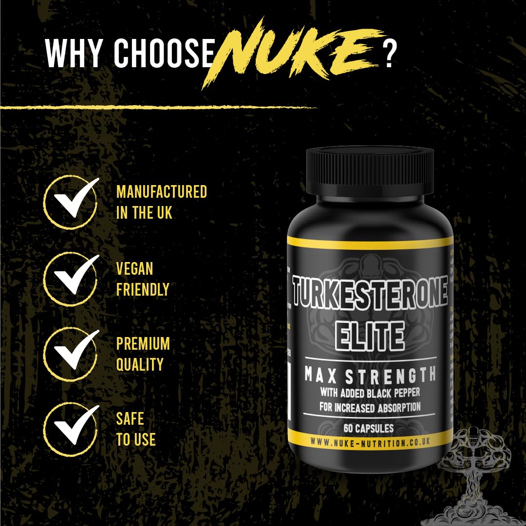 Nuke Nutrition Turkesterone 60 Capsules - Pure Ajuga Turkestanica Extract with Black Pepper for Faster Absorption – Boost Performance, Recovery & Strength - No Fillers, Batch Tested for Quality