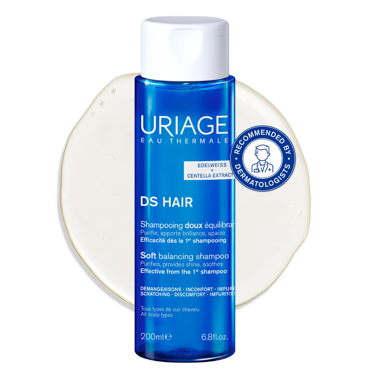 Uriage DS Hair Soft Shampoo with Edelweiss - Deeply Purifies & Soothes - Leaves Hair Soft & Shiny - Fresh & Floral Scent - Everyday wash - Suitable for Sensitive & Irritated Scalps - Soap-free - 200ml