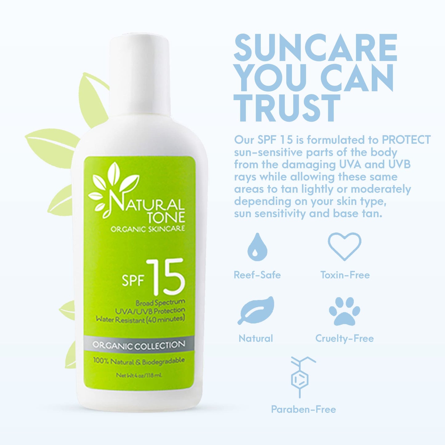 SPF15 Broad Spectrum Natural Sunscreen, Soothing & Hydrating Sunscreen Lotion, Plant-Based Sun Block, Water-Resistant Sun Screen Protector for Face and Body, 118ml - Natural Tone Organic Skincare