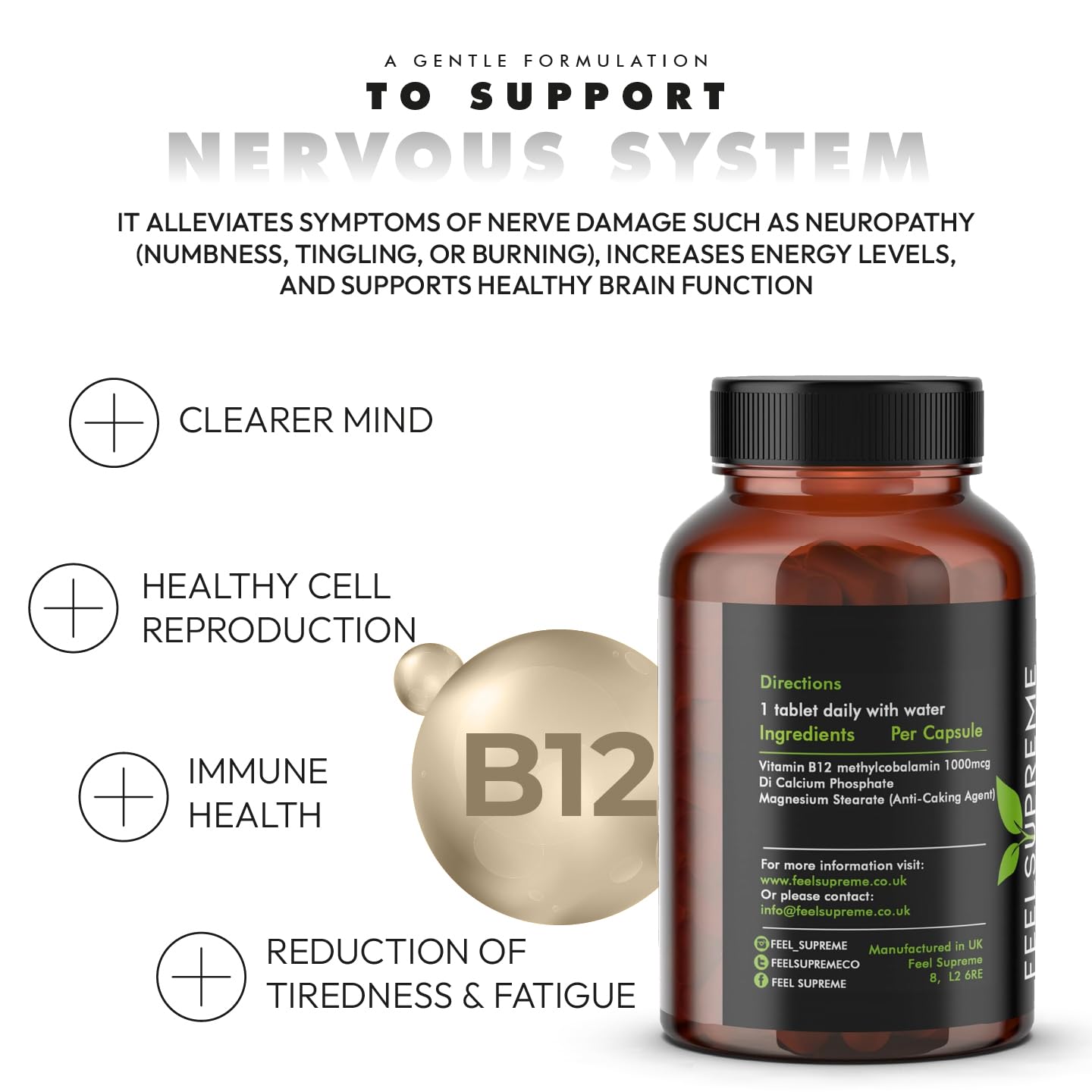 Feel Supreme Vitamin B12 1000mcg Tablets High Strength - Methylcobalamin B12 Supplement - Energy, Immune Support & Brain Function - Vegan Vitamin B12 Tablets for Men & Women - 60 Tablets UK Made