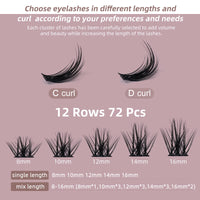 Cluster Lashes QUEWEL 72 Pcs Wide Stem Individual Lashes C/D Curl 8-16mm Length DIY Eyelash Extension False Eyelashes Soft for Personal Makeup Use at Home (Fluffy02-C-14)
