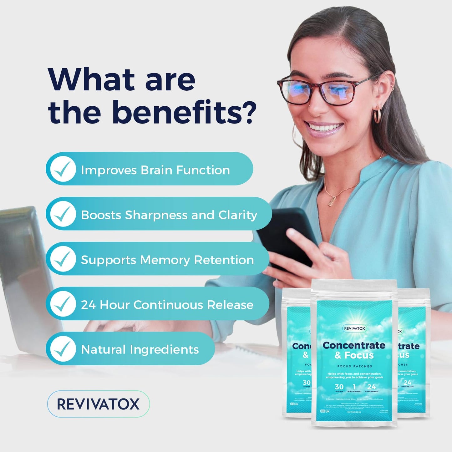 Focus Patches | Natural Focus Supplement for Enhanced Concentration & Brain Boost | 24-Hour Focus Patch with Bacopa, Ginkgo & L-Carnitine | 30 Pack | Revivatox®