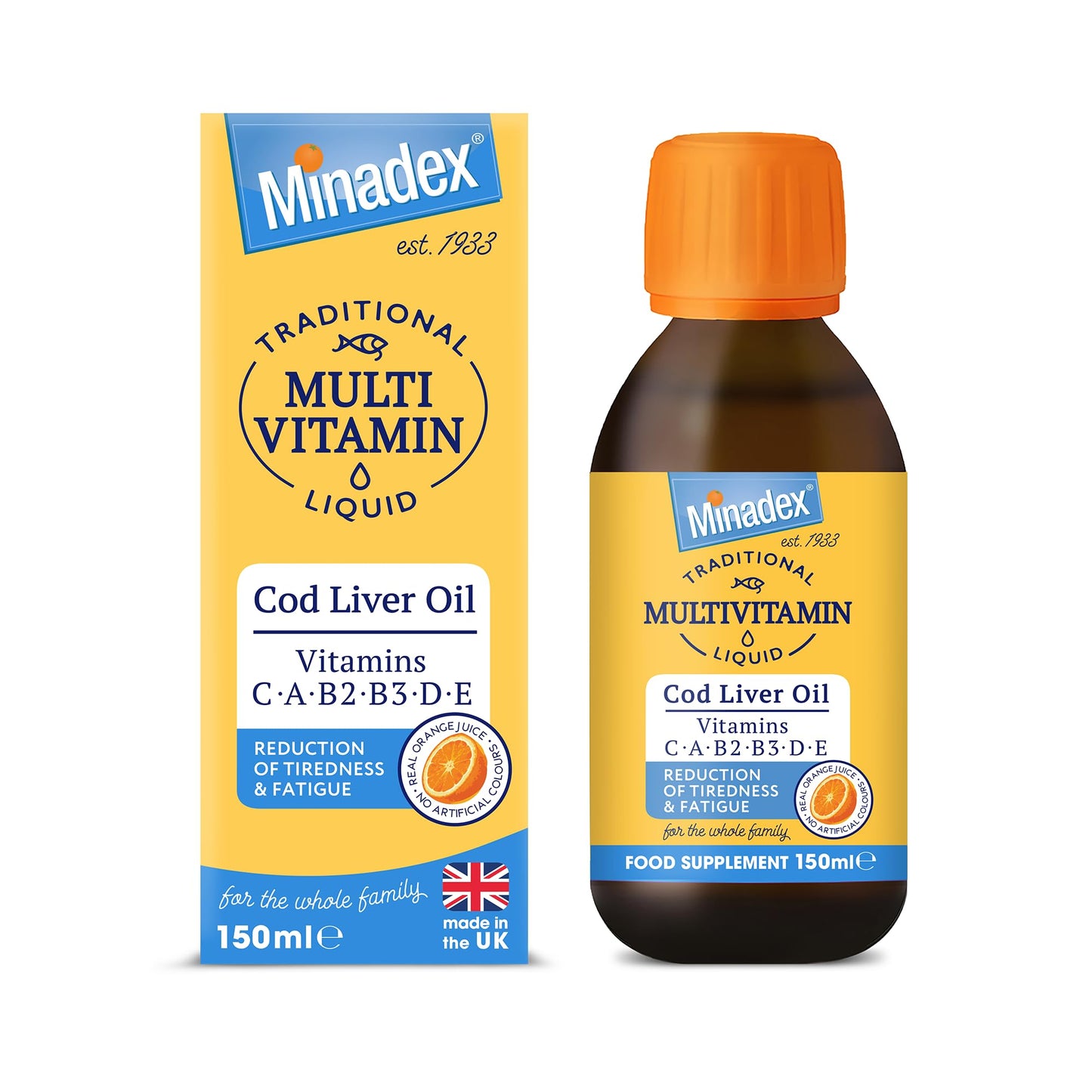 Minadex Multivitamin Liquid 150 ml – Cod Liver Oil + Vitamin C, A, B2, B3, D & E | Immune Support | Energy & Bone Health | Natural Orange Flavour | 1 Month Supply | Spoon Included | Made in UK
