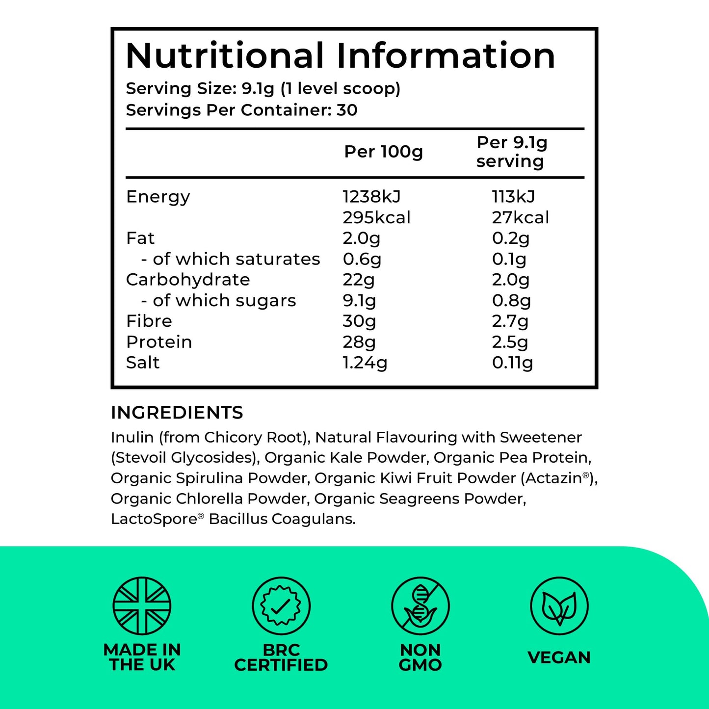 LOVE LIFE SUPPLEMENTS Organic Greens Superfood Powder, Prebiotics & Probiotics, Pea Protein & Actazin Kiwi Extract for Gut Health, High Dose Green Vegetables, Orange and Lime Flavour, 273g - 30 Servings