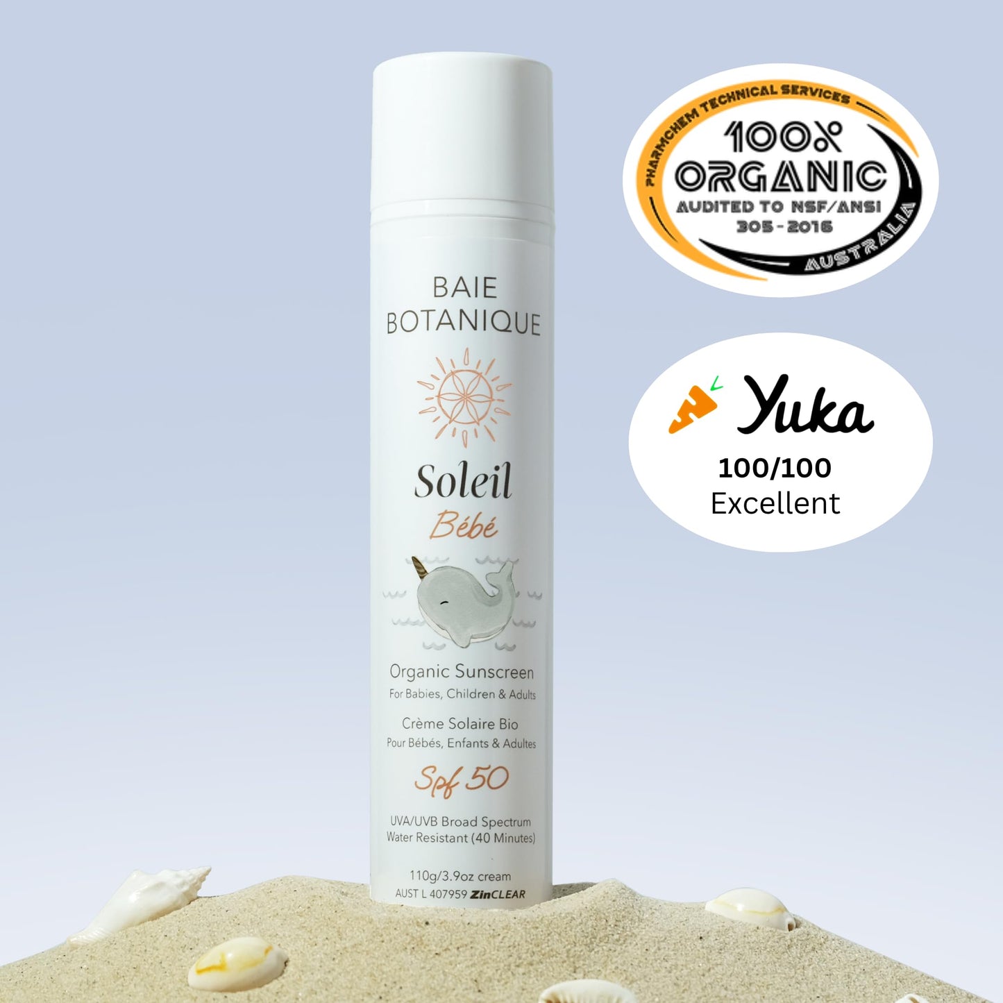 NEW - Baie Botanique Soleil Bébé - Organic Non-Toxic Mineral Baby & Children Sunscreen SPF 50 - Sunflower & Jojoba - Unscented - Natural - Vegan - No White Cast - Reef Safe - UVA/UVB - 110g