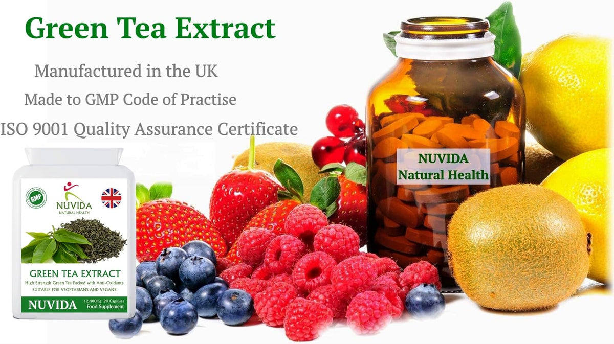 NUVIDA NATURAL HEALTH Green Tea Capsules - 90 High Strength Green Tea Extract Capsules - A Natural Green Tea Supplement and Powerful Antioxidant - Vegan and Vegetarian Friendly