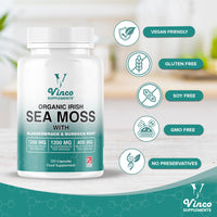 Vinco Supplements Organic Irish Sea Moss Capsules with Bladderwrack & Burdock Root - Sea Moss Supplement, Organic Sea Moss 1200mg, Bladderwrack 1200mg & Burdock 400mg per Serving - Gluten Free, Non-GMO (120 Capsules)