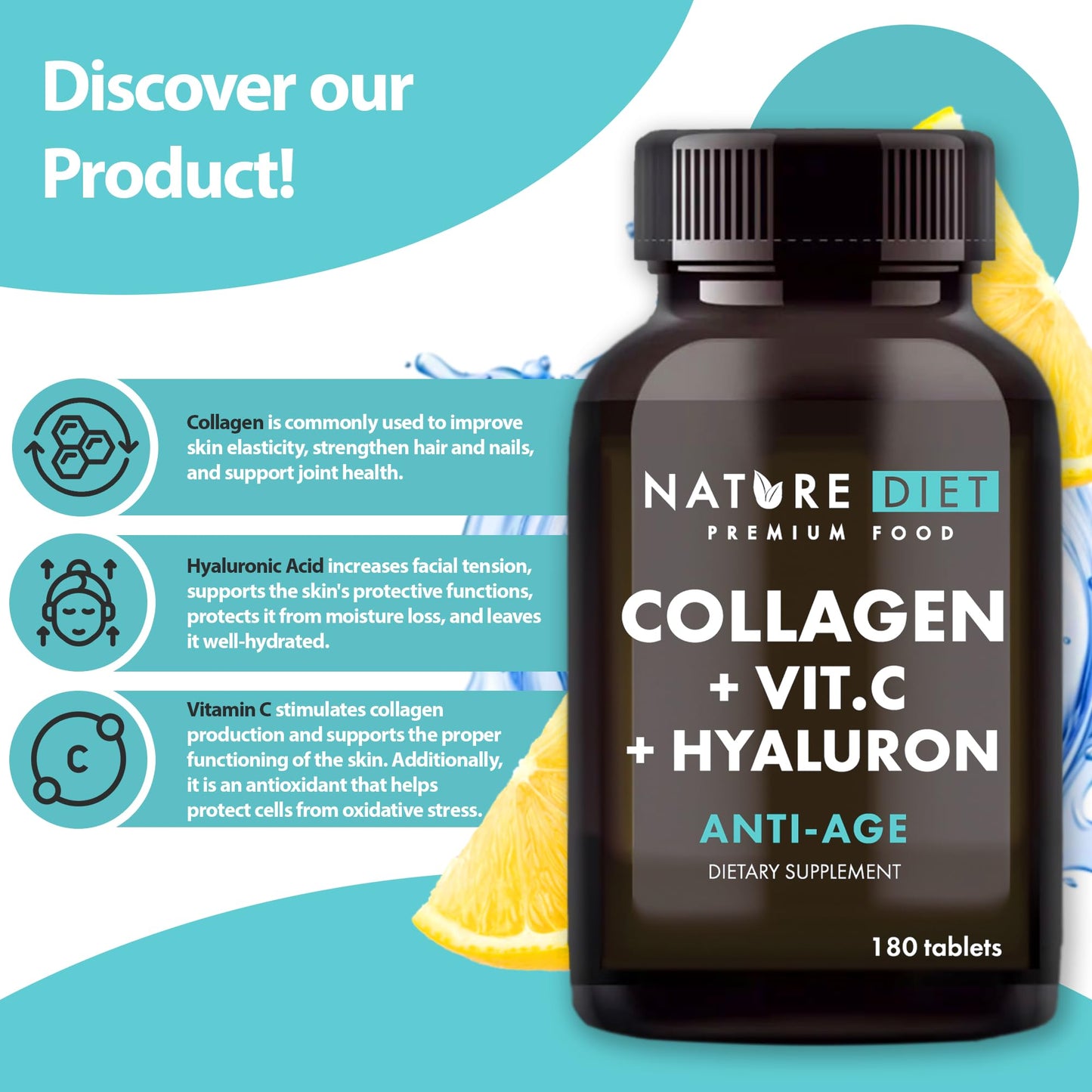 Nature Diet - Collagen with Hyaluronic Acid and Vitamin C, 180 Tablets, 500 mg , Anti Ageing , Hydrolyzed Collagen