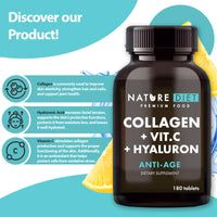 Nature Diet - Collagen with Hyaluronic Acid and Vitamin C, 180 Tablets, 500 mg , Anti Ageing , Hydrolyzed Collagen