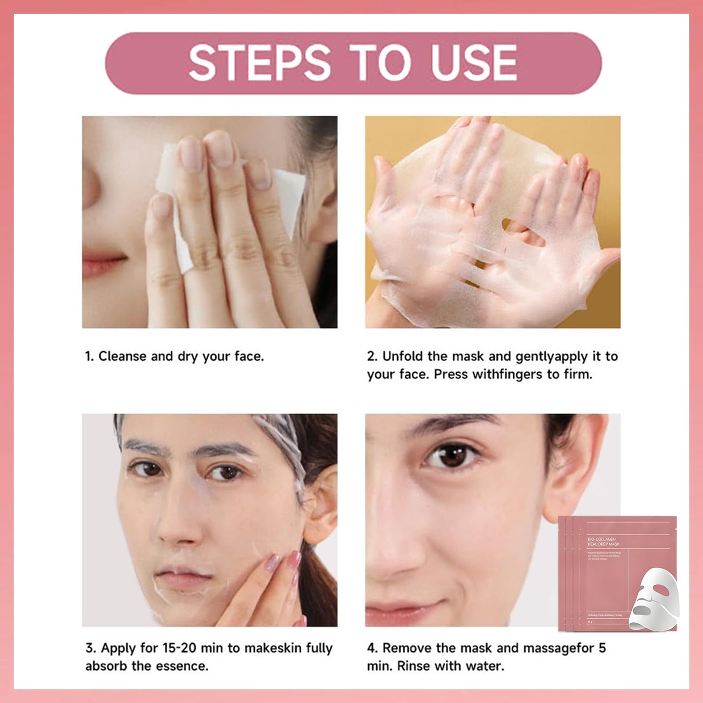 MINSHZEE Collagen Anti-Wrinkle Moisturising Face Mask, Korean Overnight Treatment, Pore Shrinking, 4 Pack