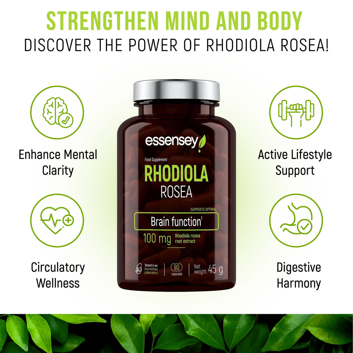 ESSENSEY Essensey Rhodiola Rosea Extract - 100mg - Enhancement of Cognitive Function and Circulatory Support | Optimal Brain and Gastrointestinal Function | Supplement | 90 Vegetarian Capsules