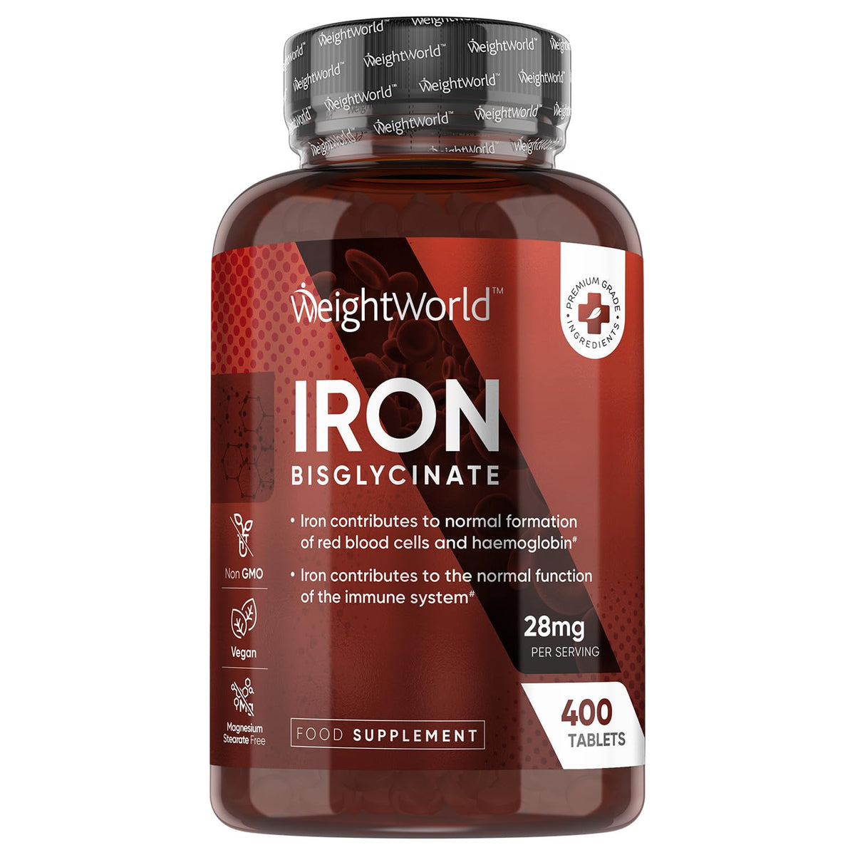 WeightWorld Iron Supplements for Women & Men - 28mg - 400 Tablets (6+ Months Supply) - Highly Bioavailable Ferrous Bisglycinate Form - Non-GMO & Vegan Iron Tablets High Strength - Gentle Formulation
