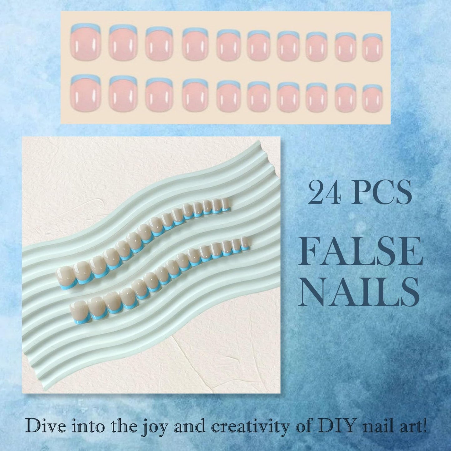 Generic 24PCS French Blue Press on Nails Short Square, Elegant Baby Blue French Tip False Nails with Acrylic Material, Fake Set for Women Daily Wear, Easy to Trim and Apply at Home