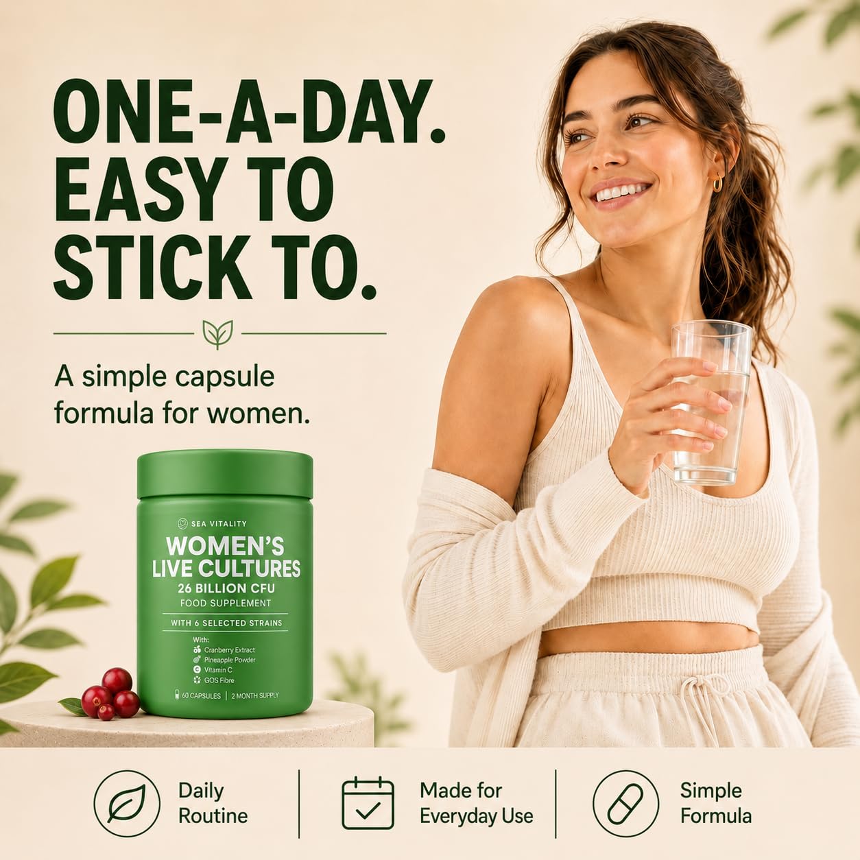 Sea Vitality Women's Live Cultures Food Supplement - 26 Billion CFU, 6 Selected Strains with Cranberry Extract, Pineapple Powder, GOS & Vitamin C - 60 Capsules, 1-a-Day Formula for Women, 60 Day Supply