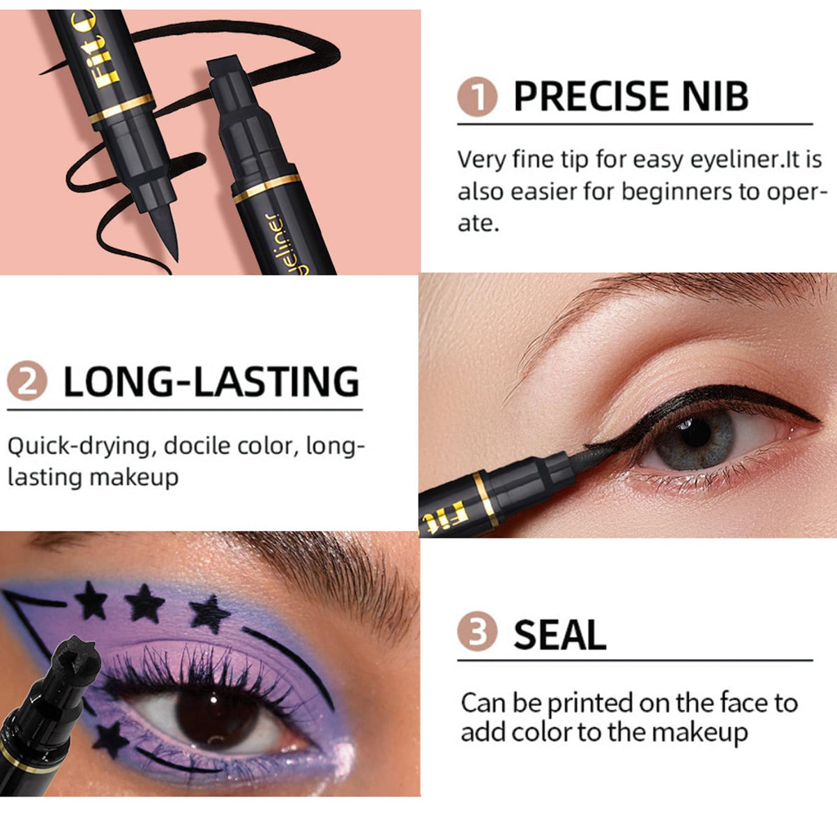 Sitovely Double-headed Liquid Eyeliner Stamp Pencil Set, 6PCS Winged Black Eyeliner Pen for Women, Eyeliner Stencils Long-Lasting Tattoo Makeup-Triangle,Star,Heart,Smiley,Butterfly (B, M)
