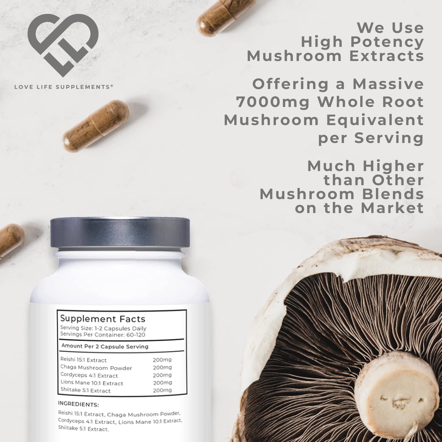 Mushroom Complex by LLS | Contains 1000mg Reishi, Chaga, Cordyceps, Lions Mane and Shiitake Mushrooms | 120 Capsules - 2 Month Supply | No Fillers | Vegan | Love Life Supplements