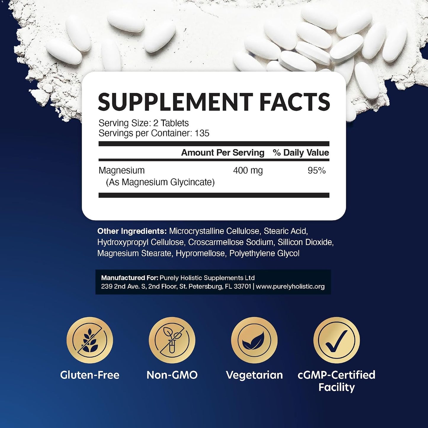 Purely Holistic Magnesium Glycinate 400mg - 270 Magnesium Tablets - for Improved Sleep, Stress Relief & Cramp Defense