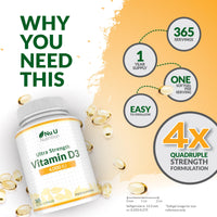 Vitamin D3 4000 IU, 365 Softgel Capsules NOT Tablets, Full Year Supply, Easy to Swallow Quadruple Strength Vitamin D3 Supplement