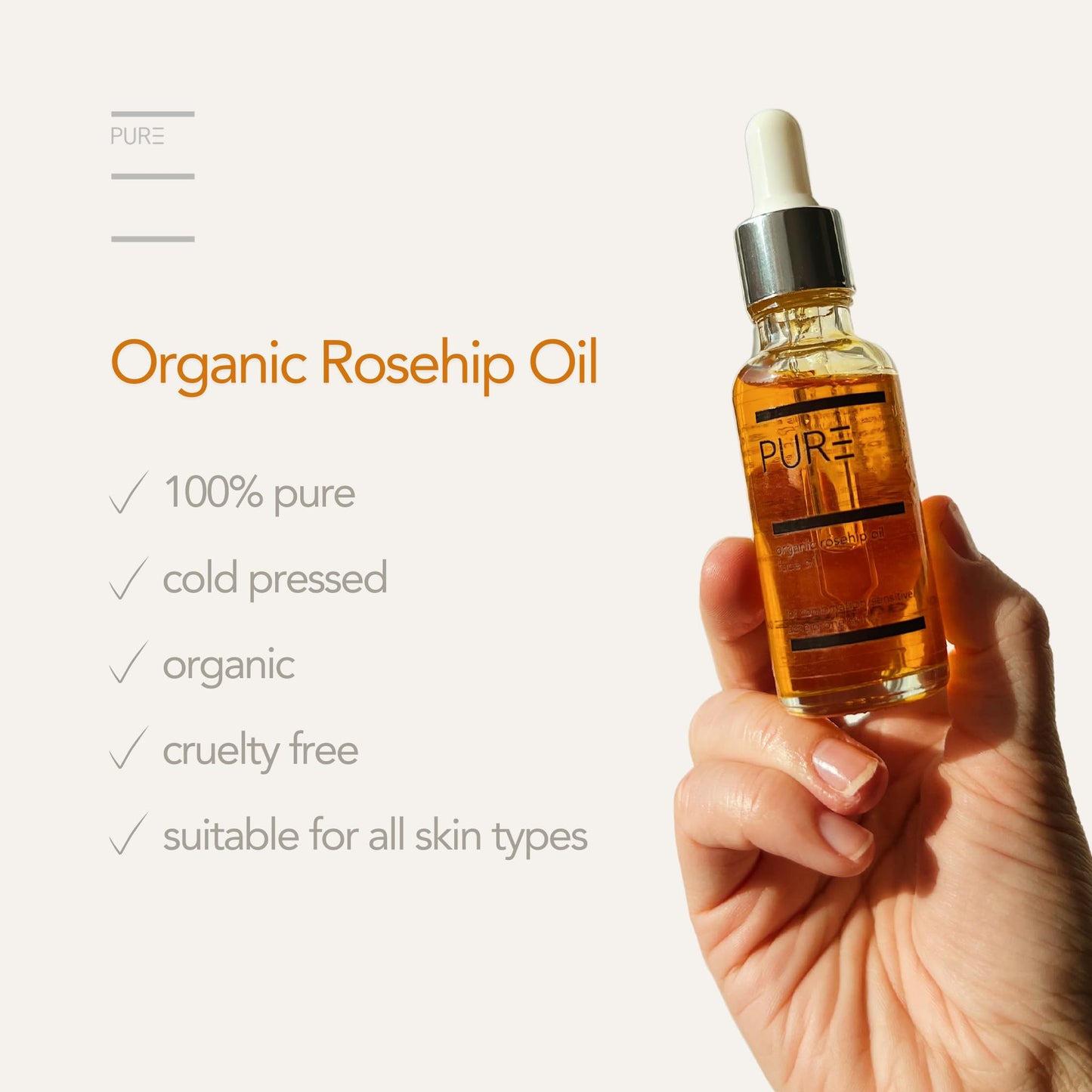 Organic Cold-Pressed Rosehip Face & Body Oil by PURE Spa Skincare - 30ml - 100% Pure, Natural & Vegan - Anti-Ageing, Smoothing, Nourishing, Rejuvenating - For All Skin Types and Fine Lines & Scars