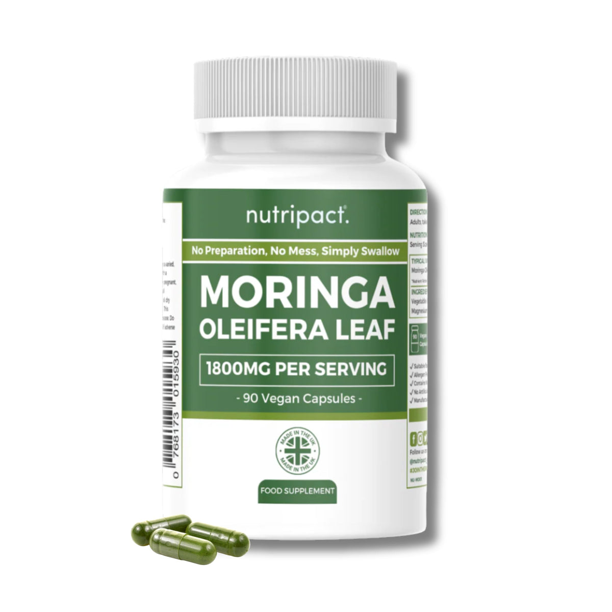 nutripact Moringa Capsules 1800mg – High Strength Moringa Oleifera Powder Supplement – 90 Vegan Capsules – Nutripact