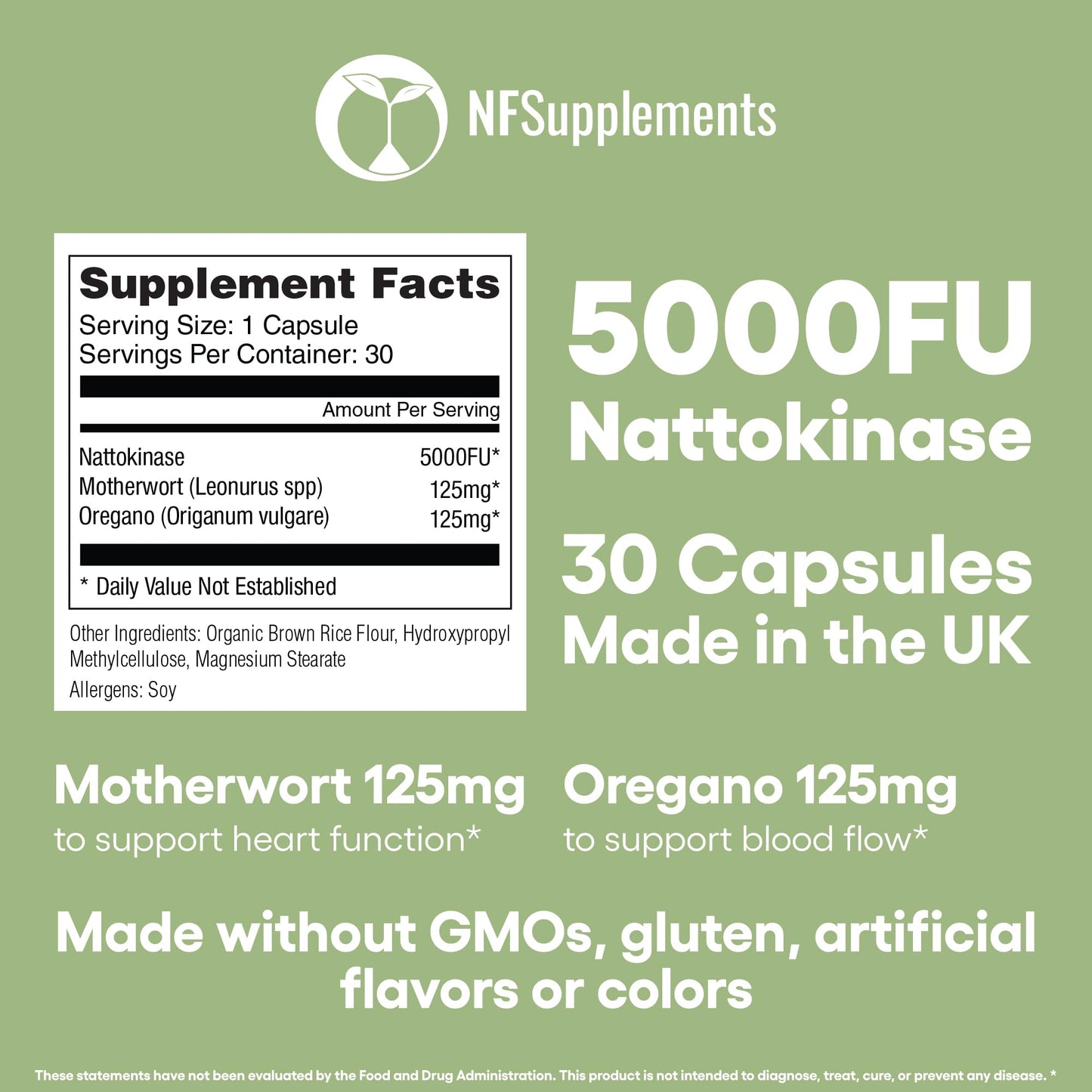 Natural Foundation Nattokinase 5000FU Arterial Support with Oregano Extract 125mg & Motherwort 125mg 30 Capsules Made in The UK (30)