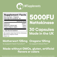 Natural Foundation Nattokinase 5000FU Arterial Support with Oregano Extract 125mg & Motherwort 125mg 30 Capsules Made in The UK (30)